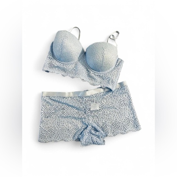 Lace Bralette and Boyshort Set in Light Blue - Picture 1 of 4